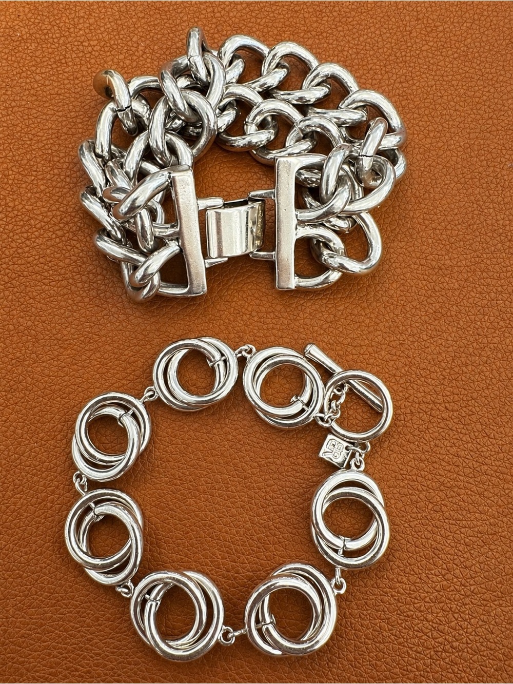 Silver-Tone Heavy Double Chain and Circle Link Bracelet Set
